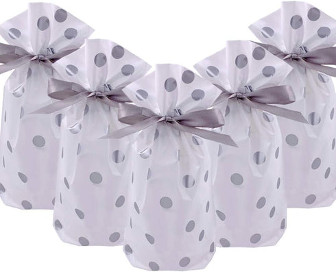 Enjonar 24pcs Treat Bags, Silver Plastic Drawstring Party Favor Bags for Candies and Goodies