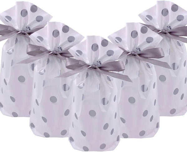 Enjonar 24pcs Treat Bags, Silver Plastic Drawstring Party Favor Bags for Candies and Goodies