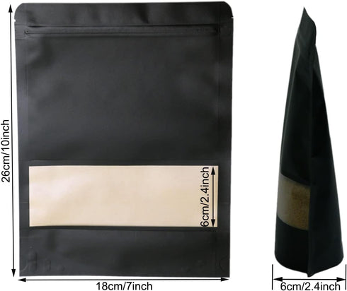 50pcs Black Kraft Paper Stand Up Pouches, 7x10inch Ziplock Food Storage Bags with Matte Window