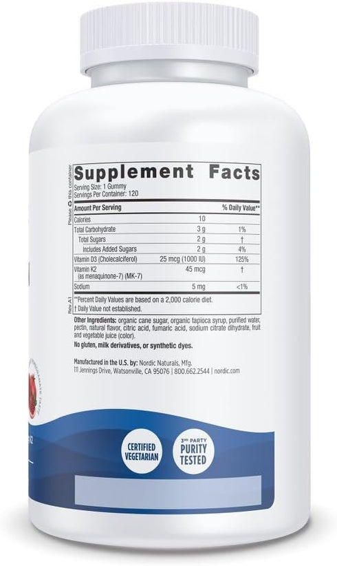 Nordic Naturals Vitamin D3 + K2 Gummies, Pomegranate, 120 Gummies, 1000 IU Vitamin D3 + 45 mcg Vitamin K2