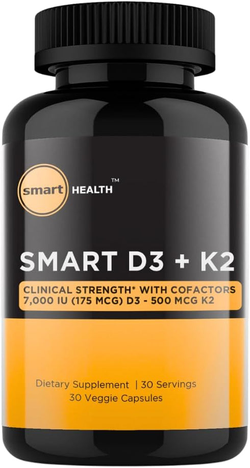 Vitamin D3 + K2 - 7000 IU D3 + 500 MCG K2 - Bone Health & Immune Support - Gluten Free, Vegan, Non-GMO - 30 Veggie