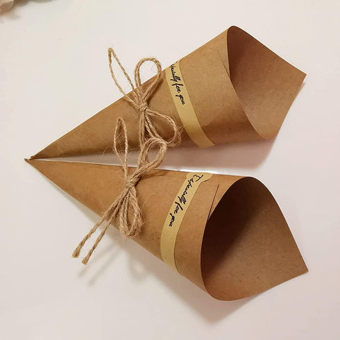 50Pcs Kraft Paper Cones for Bouquet Wrapping, Wedding Confetti Candy Gift Flower Holder with Hemp Ropes for DIY Decor