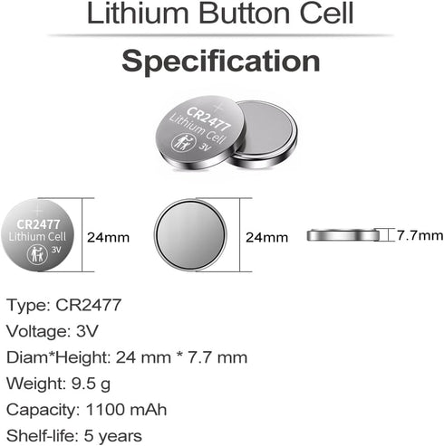 PGSONIC 5 Pack CR2477 3 Volt Lithium Battery