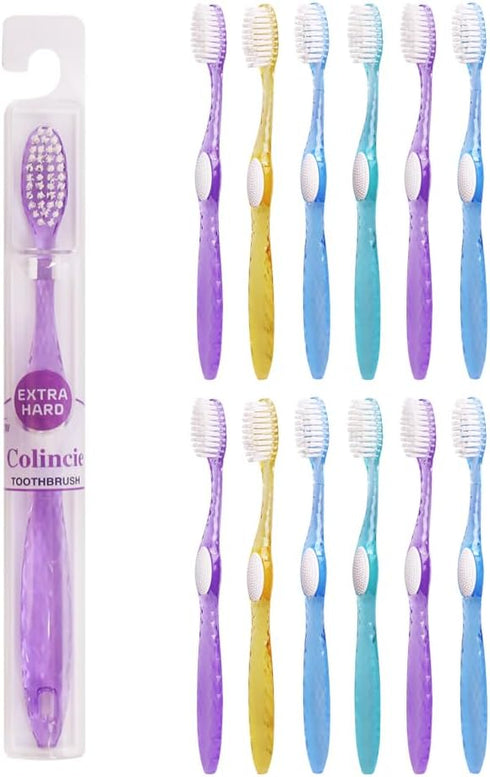 Firm Toothbrush - Extra Hard Bristle for Adult Smokers, Multicolor Transparent Travel Kit, 12 Pack