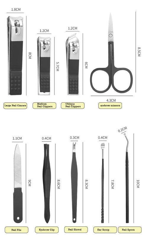 Men's Nail Grooming Kit, 9-Piece Manicure Set, Black Travel Nail Care Kit for Women, Clippers, Tweezers, Trimmers