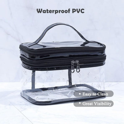 Clear Makeup Case, Transparent Double Layer Toiletry Bag, Waterproof PVC Travel Cosmetic Case for Skincare (Black)