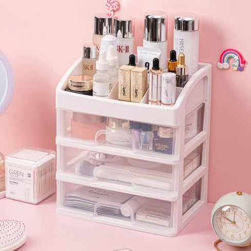Makeup Organizer with 3 Drawers, Plastic Storage for Vanity, Large Capacity Cosmetic Display Cases for Skin Care