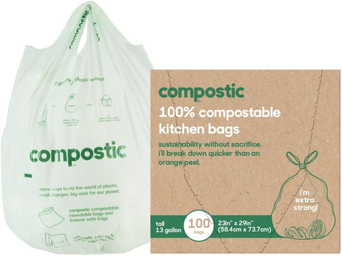 Home Compostable Trash Bags, 13 Gallon Tall Kitchen Rubbish Bags, Extra Strong & Quickly Breaks Down, 100 Count