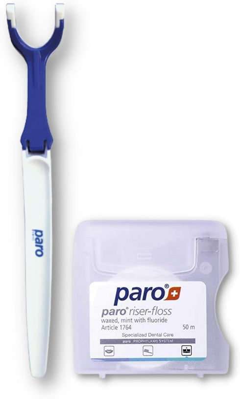 Paro Floss Holder and Mint Floss, Waxed, Fluoridated, 50M