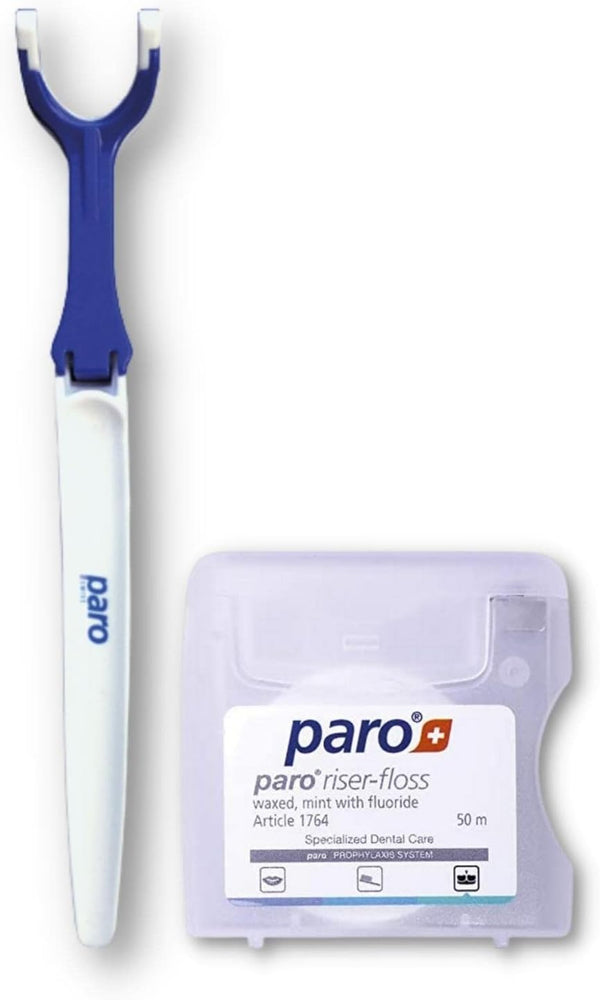 Paro Floss Holder and Mint Floss, Waxed, Fluoridated, 50M