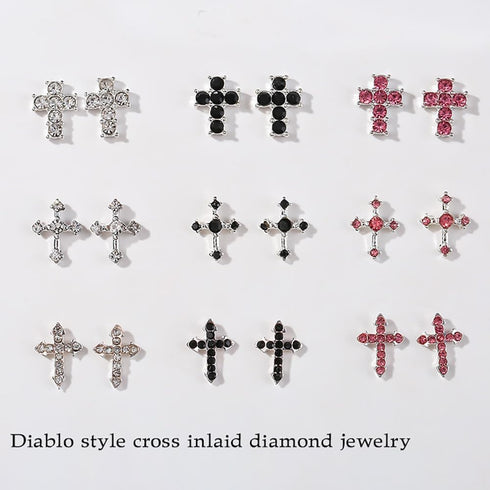 Crystal Cross Nail Charms - y2k Silver Crystal Cross Nail Art, 3D Pink Charms for DIY Designs Supplies