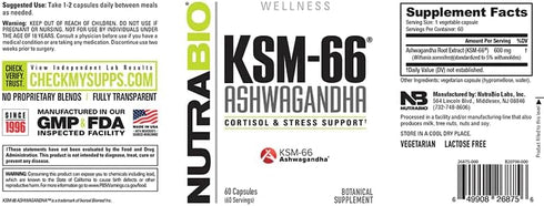 NutraBio Ashwagandha KSM-66 Herbal Supplement, 600mg, 60 Vegetable Capsules