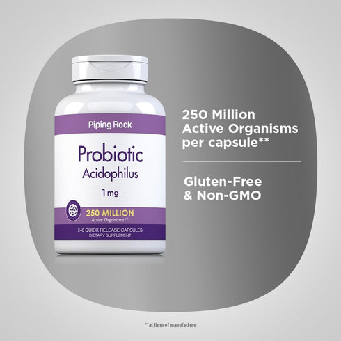 Piping Rock Probiotic Acidophilus Capsules - 240 Count, 1mg, 250 Million CFU, Non-GMO, Gluten Free for Men and Women