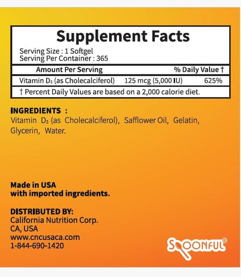 Spoonful Vitamin D3, 5000 IU/125mcg, 365 Softgel Capsules for Bone Health and Immune System Support, Made in USA