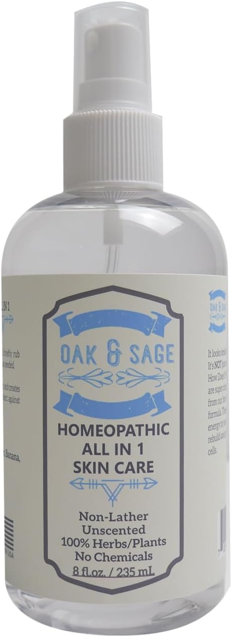 OAK & SAGE Homeopathic All in 1 Skin Care, Unscented NonLather 8oz, 100% Herbs/Plants for All Skin Types
