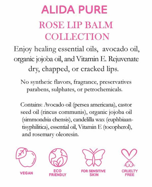 Rose Lip Balm Collection, Vegan Set, Beeswax Free, with Organic Jojoba & Avocado Oil, 3 Tube Set