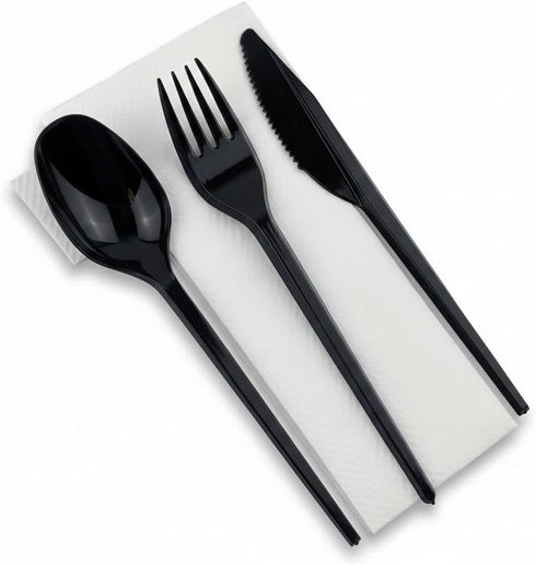 Heyiwell 50 Pack Black Individually Wrapped Plastic Cutlery Sets, 4-in-1 Disposable Utensils Combo