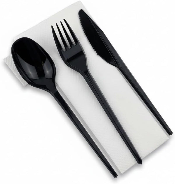 Heyiwell 50 Pack Black Individually Wrapped Plastic Cutlery Sets, 4-in-1 Disposable Utensils Combo