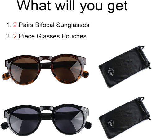 2 Pack Bifocal Reading Sunglasses for Women - Outdoor Reader Glasses in Vintage Round Shape