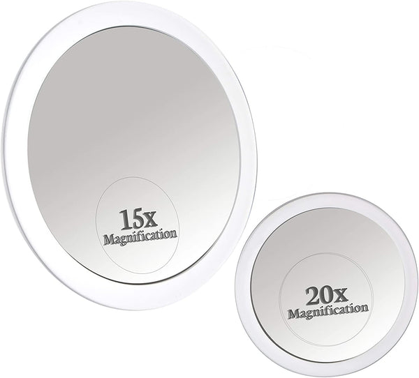 MIRRORVANA 20X & 15X Magnifying Mirror Set - Compact & Travel Ready Makeup Mirror with 3 Suction Cups, Sizes: 6" and 4".
