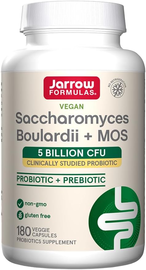 Jarrow Formulas Saccharomyces Boulardii Probiotics + MOS, 180 Veggie Capsules, 5 Billion CFU Probiotic Yeast for Gut