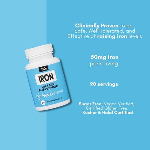 NovaFerrum All Good Iron Capsule Supplements for Adults, 50mg of Iron, 90 Servings, Sugar Free, Vegan, Gluten Free