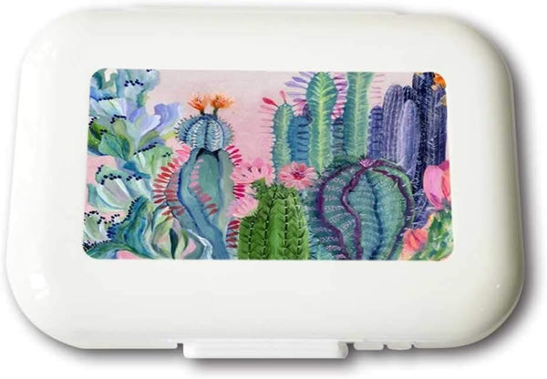 QJ CMJ Small Weekly Pill Case - Bright Watercolor Cactus Travel Pill Organizer Box