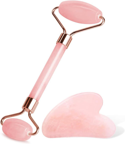 Gua Sha Facial Tools & Jade Roller Set, Face Gua Sha Tool, Ice Roller for Skin Care, Pink Gua Sha Stone Board Set
