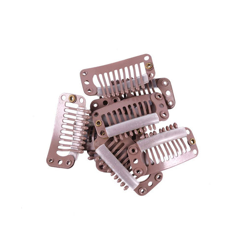 YANTAISIYU 24 pcs/lot 32mm 9-teeth Metal Hair Clip with Rubber Snap Clips for Hairpiece Wig Accessories (Light Brown)