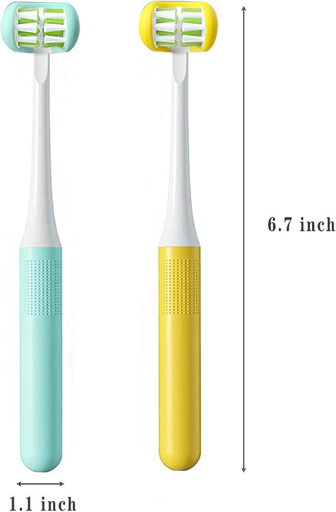 2 Pieces 3 Sided Toddler Toothbrush - Soft Bristles for Kids Tooth and Gum Care (C1 Blue + Yellow)