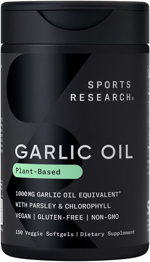 Sports Research Odorless Garlic Oil Pills 1000mg, with Parsley & Chlorophyll, 150 Plantgel Capsules