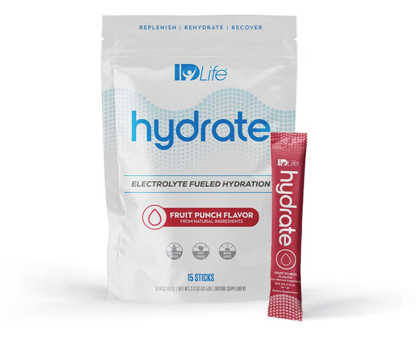 IDLife Hydrate (Fruit Punch) Instant Hydration Packets with Essential Electrolytes, 15 Sticks per Bag