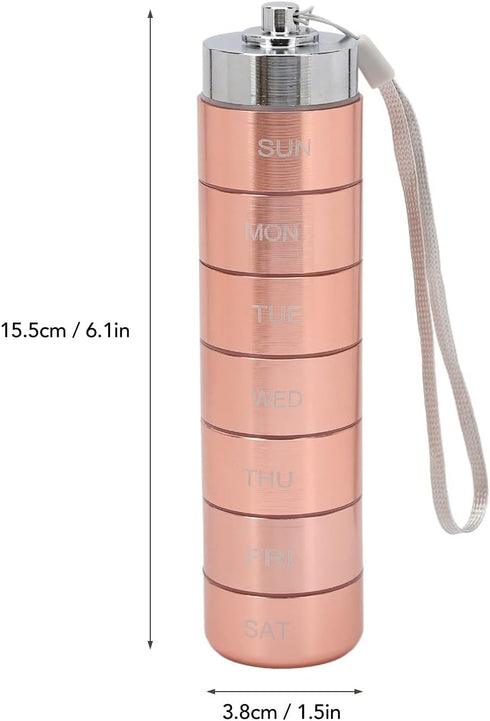 Metal Pill Organizer - Stackable Weekly Travel Medicine Box, Portable Waterproof Aluminum Alloy with Lanyard Rose Gold