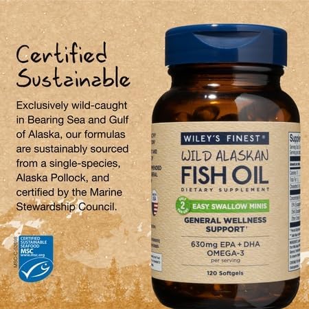 Wiley's Finest Wild Alaskan Fish Oil Easy Swallow Minis - Omega-3 Supplement for Adults and Kids, 120 Mini Softgels