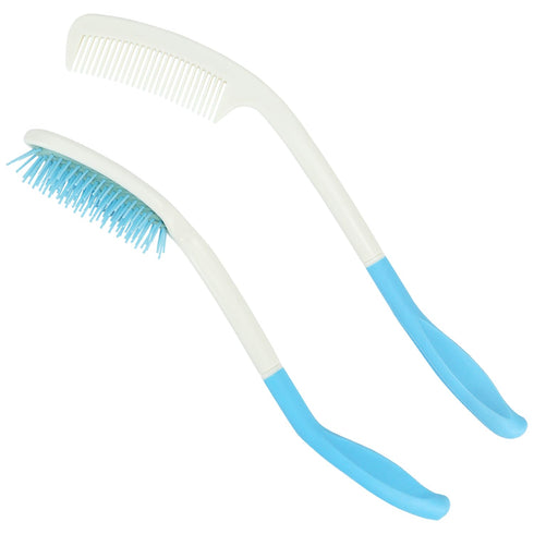 Long Reach Handled Comb and Hair Brush Set for Elderly, Hand-Disabled (Blue) - No Need to Lift Hand