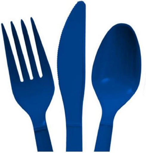 Blue Heavy Duty Plastic Cutlery Sets - 32 Spoons, 32 Forks, 32 Knives - 2 Packs of 48 Each, Total 96 Pcs