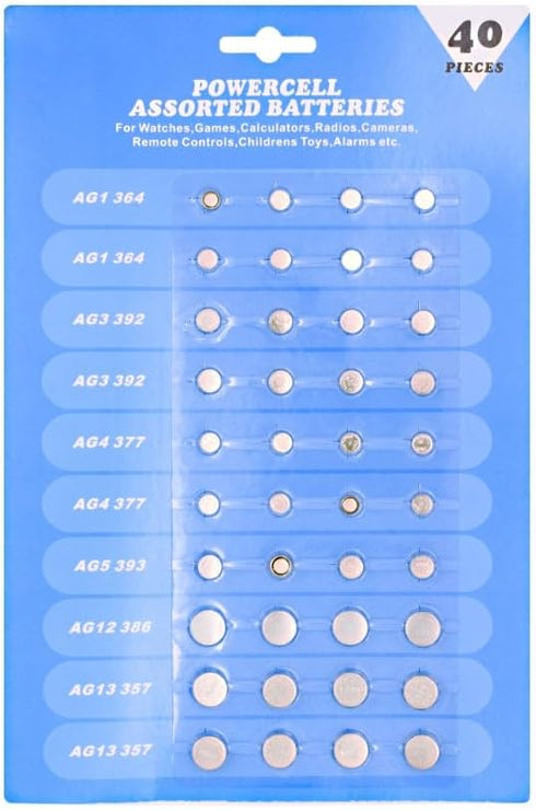 Cotchear 40pcs Alkaline Cell Batteries Assorted, 1.5 Volt AG1/LR621, AG3/LR41, AG4/LR626, AG5/LR754, AG12/LR43,