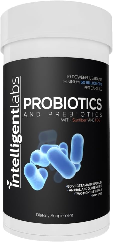Intelligent Labs 50 Billion CFU Probiotic with Prebiotics - No Refrigeration Needed - with Sunfiber and FOS for 10x