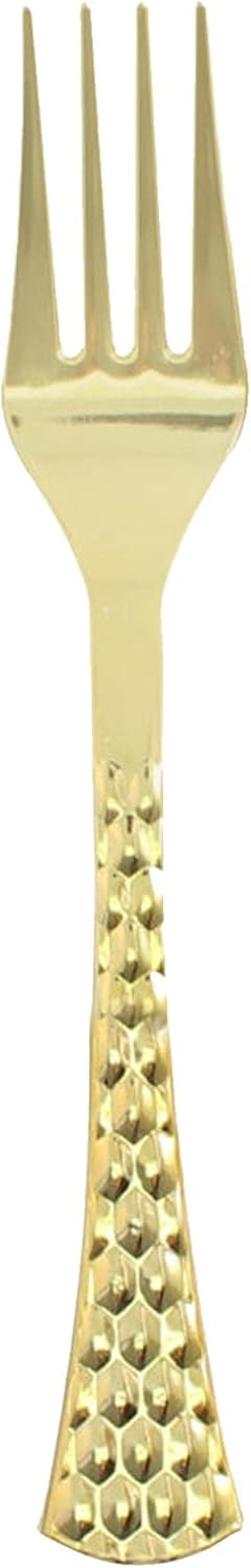 EcoQuality Gold Hammered Disposable Plastic Fork - Heavy Weight Plastic Gold Cutlery,