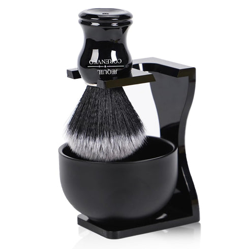 Je&Co Men's Shaving Brush Set - 3 in 1 Synthetic Brush with Steel Bowl and Acrylic Stand