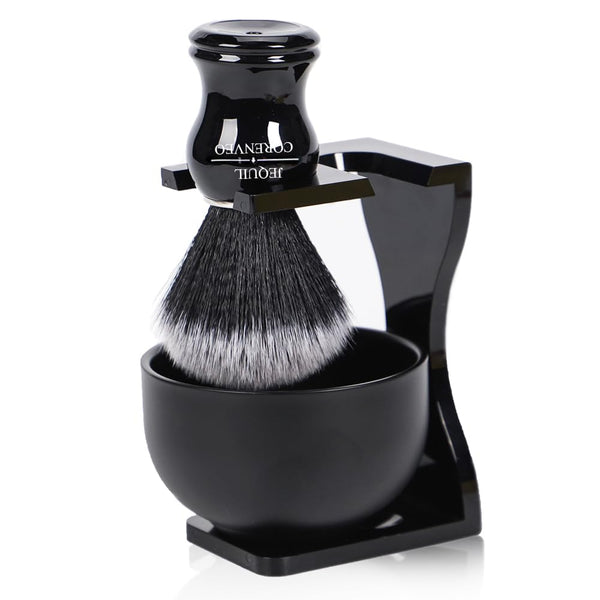 Je&Co Men's Shaving Brush Set - 3 in 1 Synthetic Brush with Steel Bowl and Acrylic Stand