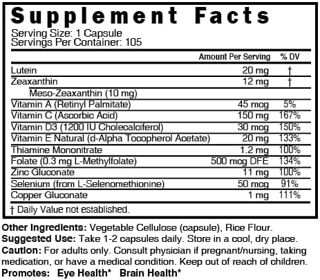 Nutri Lutein 20mg Eye Vitamins Complex - 60 Capsules | Triple Carotenoid Formula with Zinc, Vitamins A, C, D3, E, Folate