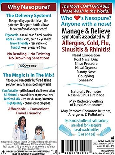 Nasopure Nasal Wash Little Sampler Kit, Comfortable Nasal Rinse, 4 Oz Bottle & 4 Salt Packets