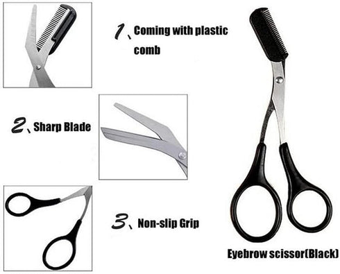 Professional Precision Eyebrow Trimmer Scissors with Comb, Black Silver Tone, Grooming for Men Women.