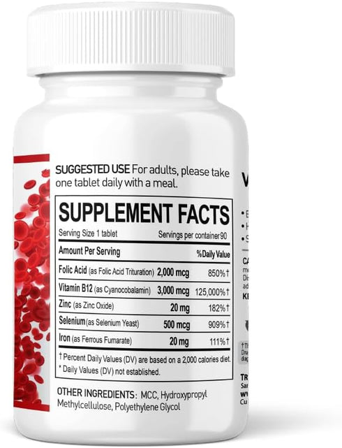 Vital Blood Boost - Dietary Supplement for White and Red Blood Cell Support - Iron with Selenium, Zinc, Vitamin B12 & Folic Acid - 90 Tablets, 90 Day Supply