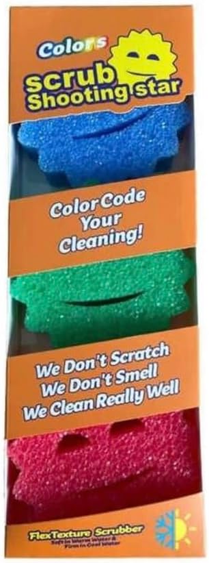 3 Count Scrub Shooting Star Multipurpose Dish Sponges, Scratch-Free for Kitchen, Bathroom, and More, BPA-Free Polymer