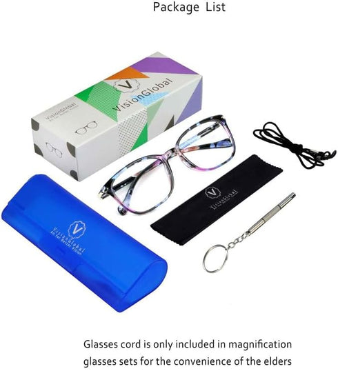 VisionGlobal Blue Light Blocking Glasses for Women, Anti Eyestrain, Stylish Square Frame, Computer Reading (+1.50