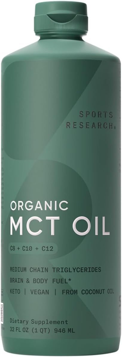 Sports Research Keto MCT Oil - Organic Coconuts, Non-GMO Vegan, Unflavored, 32 Oz - C8, C10, C12 MCTs for Body & Brain