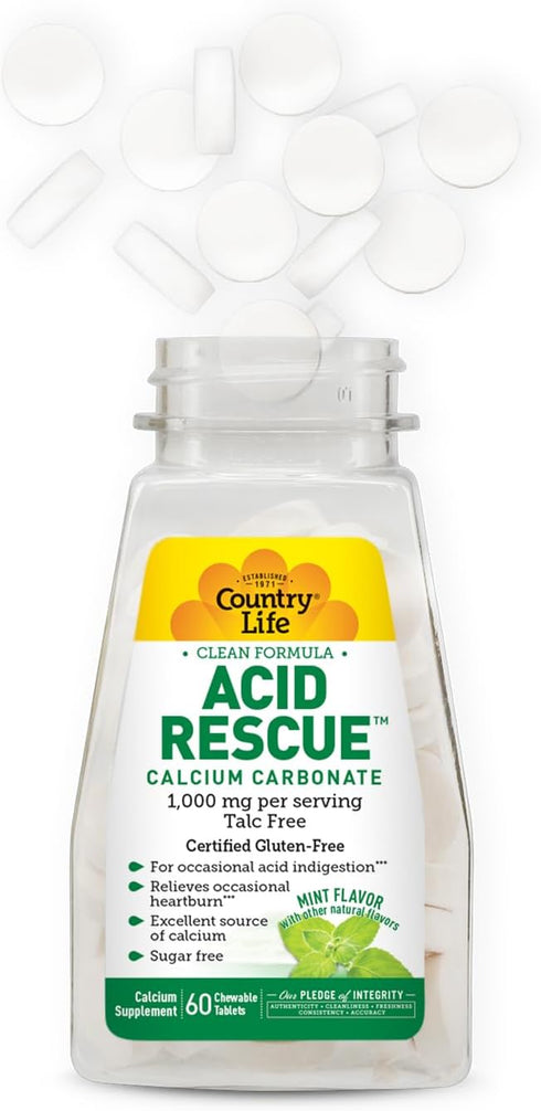 Country Life 60 Count Acid Rescue Chewable Tablets - Vegan Heartburn Relief