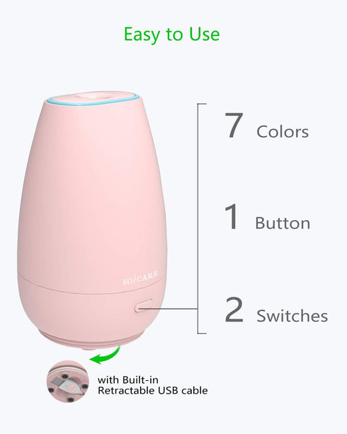 SOICARE Car Diffuser, Small Portable Essential Oil Diffuser with Built-in USB Cable, Mini Aromatherapy Diffuser (Pink)